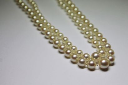 null COLLIER composé de deux rangs de perles en chute, le fermoiren or gris. Poids...