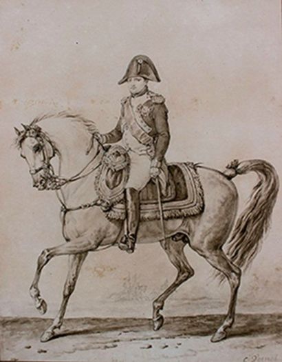 Carle VERNET (1758-1836) «Napoléon à cheval» Lavis brun sur esquisse au crayon noir...
