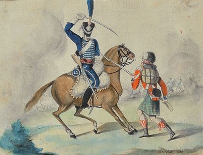 J.b.madou. Ecole Française du XIXe siècle «Hussard contre un soldat écossais» Aquarelle...