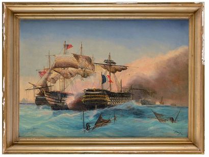 Chéri DUBREUIL (1828-1880) «Combat naval dans la baie d'Aboukir.» Signé en bas à...