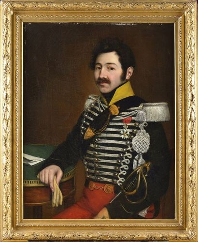 École FRANÇAISE du début du XIXe siècle «Portrait d'un officier de hussards d'époque...