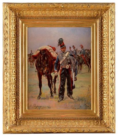 Henry DUPRAY (1841-1909) «Hussard et son cheval» vers 1850. Huile sur panneau signée...