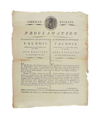 null CORSE. - Ensemble de 4 pièces imprimées en Corse. 1790-1798. - LOUIS XVI. Lettres...