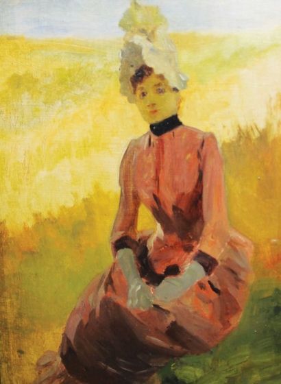 Jules CHÉRET (1836-1932) Femme assise Huile sur panneau Porte au dos le cachet de...
