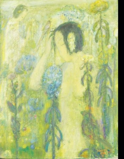 JIA JUAN LI (Née en 1960) Jeune fille nue dans un jardin Huile sur toile Signée en...