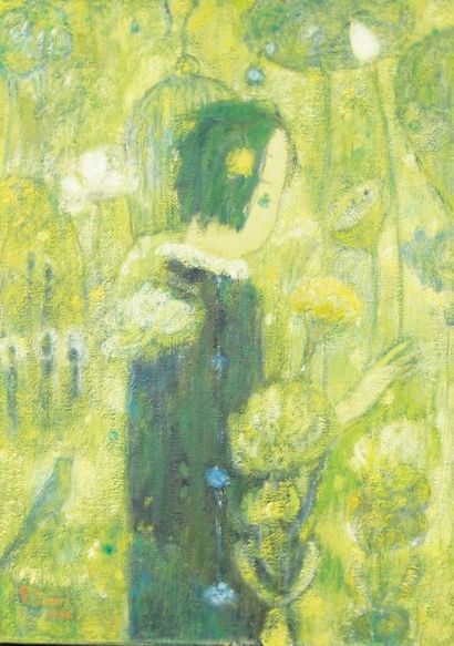 JIA JUAN LI (Née en 1960) Jeune fille dans un jardin fleuri Huile sur toile Signée...