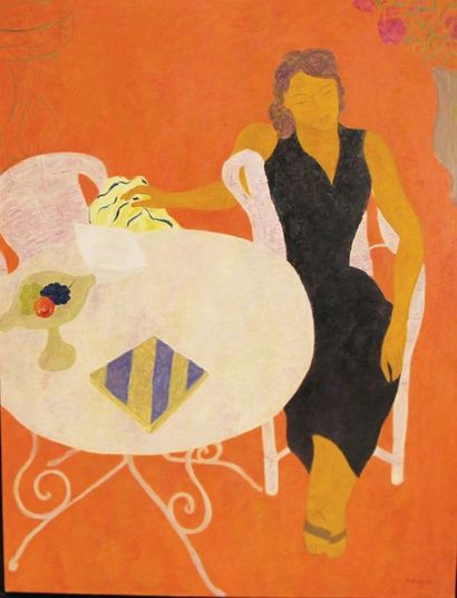 Pierre BONCOMPAIN (né en 1938) Robe noire sur la terrasse rose Huile sur toile Provenance:...