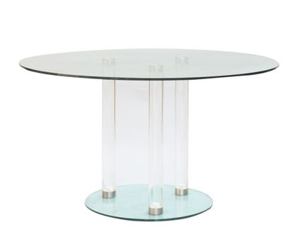 MARAIS INTERNATIONAL Table ronde en dalle de verre au joint poli. Pieds cylindriques,...