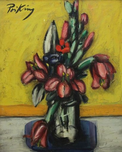 Franz PRIKING (1929-1979) Bouquet de fleurs sur un entablement Huile sur toile (petit...