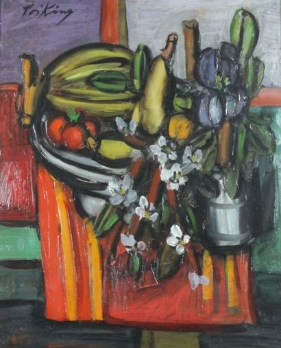 Franz PRIKING (1929-1979) Nature morte aux fruits et aux fleurs Huile sur toile Signée...