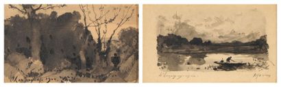 Henri Joseph HARPIGNIÈS (1819-1916) Paysages Paire de lavis Signés en bas à gauche...