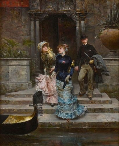 Ludovico Marchetti (1853-1909) A Venise, Sortie de l'Hôtel Royal Sur sa toile d'origine...