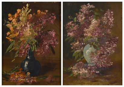 Edmond Van COPPENOLLE (1846-1914) Bouquets de fl eurs sauvages Deux huiles sur panneaux...