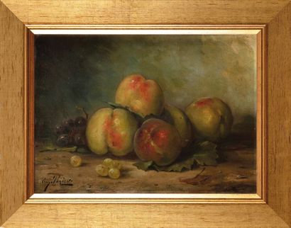 Eugène Ferdinand PARISY (XIXème) Nature morte aux pêches et raisins Sur sa toile...
