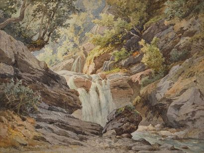 Alexandre François CAMINADE (1789-1862) Torrent en forêt Aquarelle Signée en bas...