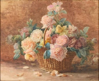 Henri BIVA (1848-1929) Panier de roses Aquarelle Signée en bas à droite 49 x 60 cm...
