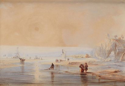Antoine Désiré HEROULT (1802-1853) Scène de bord de mer Aquarelle, crayon et gouache...