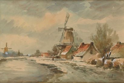 Louis Apol (1850-1936) Paysage aux moulins Aquarelle et gouache Signée en bas à droite...