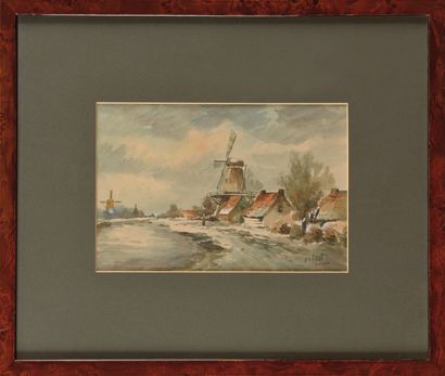 Louis Apol (1850-1936) Paysage aux moulins Aquarelle et gouache Signée en bas à droite...