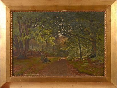 J. DE RUYSSCHER (XIX-XX) Peintre en sous-bois Sur sa toile d'origine Signé en bas...