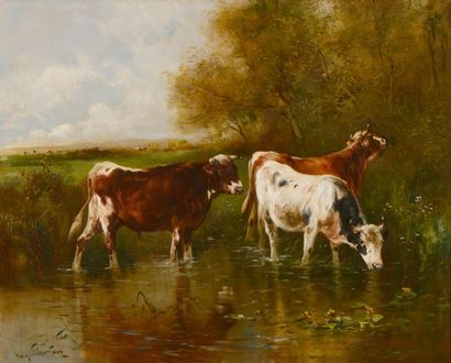ECOLE FRANCAISE DU XIXème siècle Vaches à l'étang Huile sur toile Signature illisible...