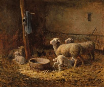 Jules Louis RAME (1855-1927) Dans la bergerie Sur sa toile d'origine Signé et daté...