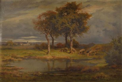 Lucien SIMONNET (1849-1926) Moutons à l'abreuvoir Sur sa toile d'origine Signé en...