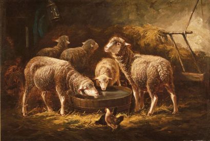 Charles Emile JACQUE (1813-1894) Moutons à l'étable Huile sur toile Signé en bas...