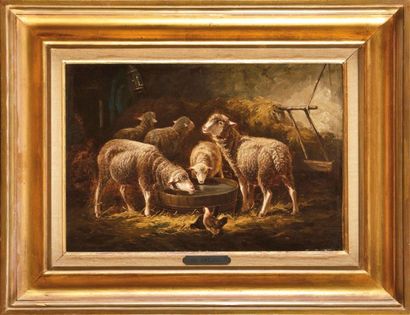 Charles Emile JACQUE (1813-1894) Moutons à l'étable Huile sur toile Signé en bas...
