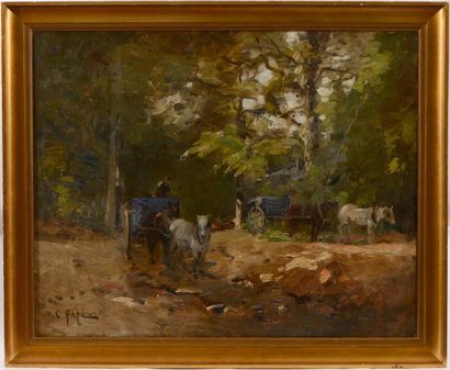 Constant PAPE (1865-1920) Attelages en forêt Sur sa toile d'origine Signé en bas...