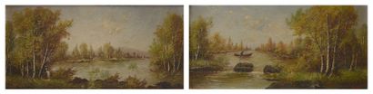 RODIN (XIXème siècle) Paysage de rivière Deux huiles sur toile formant pendant Signées...
