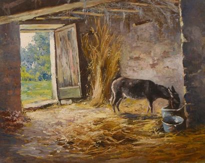 Alphonse Henri MAZARD (1865-1939) Ane à l'étable Huile sur toile Signé en bas à droite...