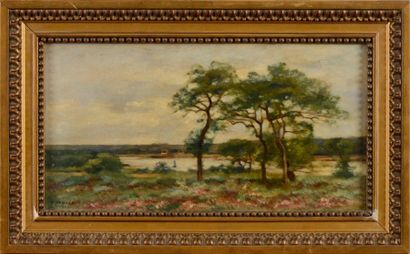 Emmanuel Alphonse DAMOYE (1847-1916) Paysage à l'étang Huile sur panneau d'acajou...