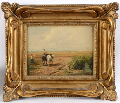 Jules Jacques VEYRASSAT (1828-1893) Chevaux aux champs Huile sur panneau Signé en...