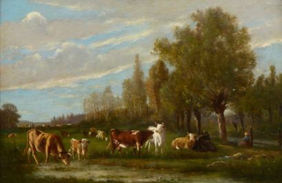 Félix MOREL-LAMY (act.c.1864-1880) Gardienne et son troupeau Sur sa toile d'origine...