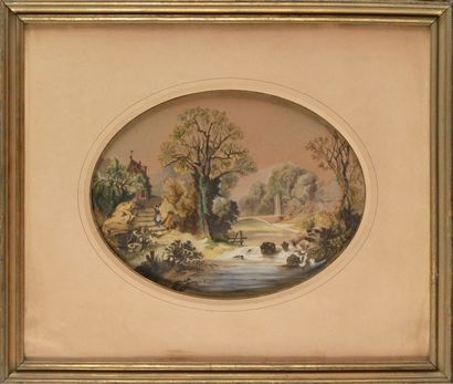 Léonie LEBAS (XIXème siècle) Paysages animés Deux pastels rehaussés à vues ovales...