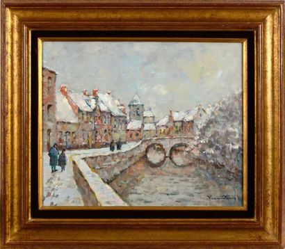 Henri STENN (1903-1993) Le quai des Ménetriers à Bruges Sur sa toile d'origine Signé...