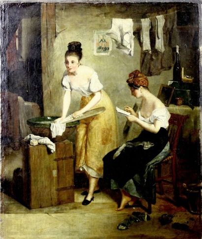 Jean Augustin FRANQUELIN (1798-1839) Grisettes au ménage Huile sur toile 45 x 38...
