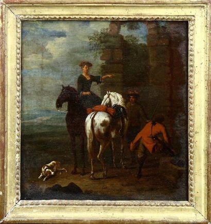 Ecole Française du XVIIIème siècle Halte de chasse Huile sur toile 24 x 22 cm