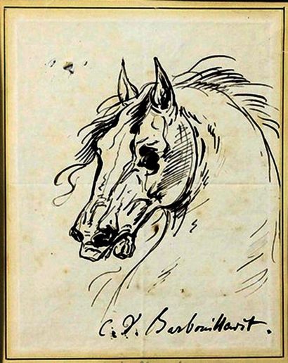 Carle VERNET (1758-1836) Étude de tête de cheval Plume et encre brune 20 x 16 cm...
