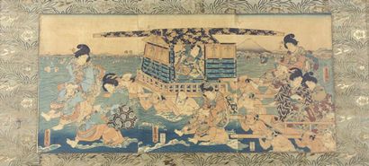 JAPON Triptyque en estampes par Toyokuni III 43 x 94 cm