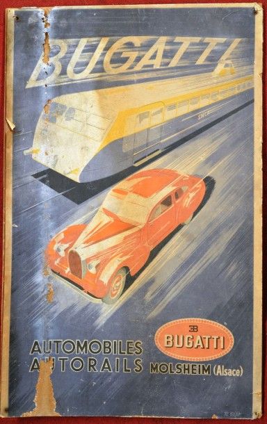 null "Automobiles & Autorails Bugatti" En couleurs, vers 1935. Signee R. Geri en...