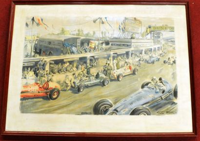 Geo HAM (Georges Hamel 1900 - 1972) "Grand Prix de l'ACF à Reims, 1948" Vue des stands...