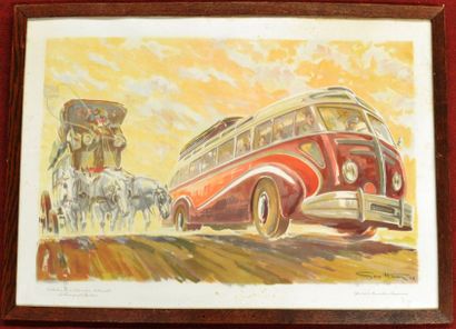 Geo HAM (Georges Hamel 1900 - 1972) "L'Evolution des Transports" Autocar doublant...