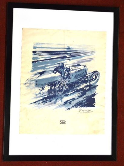 Philippe Moutard Martin Bugatti 35 Estampe 50 x 40 cm. Encadre