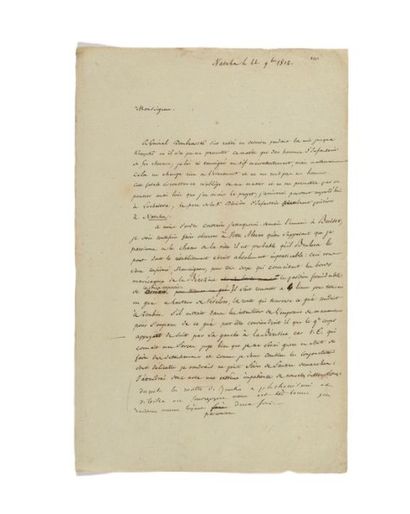 OUDINOT (Nicolas Charles) Brouillon avec 3 lignes autographes, d'une lettre dictée...