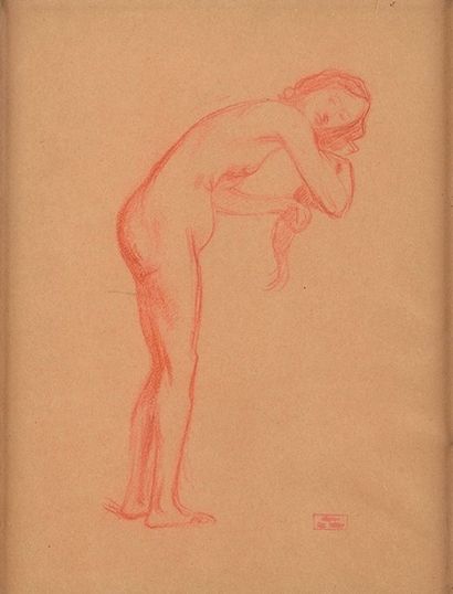 Hippolyte PETITJEAN (1854-1929) Femme à la toilette Sanguine Cachet d?atelier en...