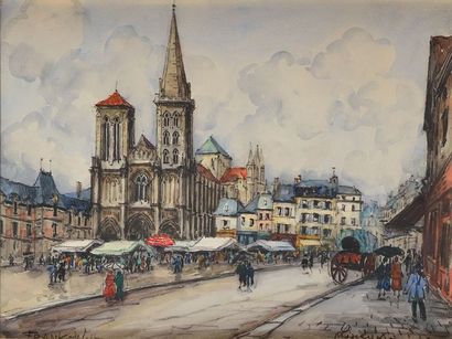 FRANK-WILL (1900-1951) Marché devant la cathédrale de Lisieux Aquarelle, crayon et...