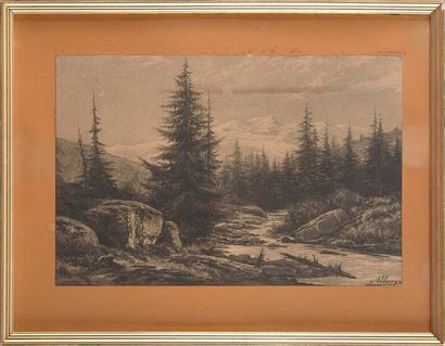 Auguste ALLONGE (1833-1898) Paysage de montagne Dessin au fusain et craie blanche...