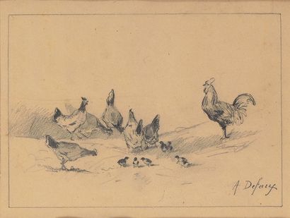 Alexandre DEFAUX (1826-1900) Basse cour Dessin au crayon Signé en bas à droite 29...